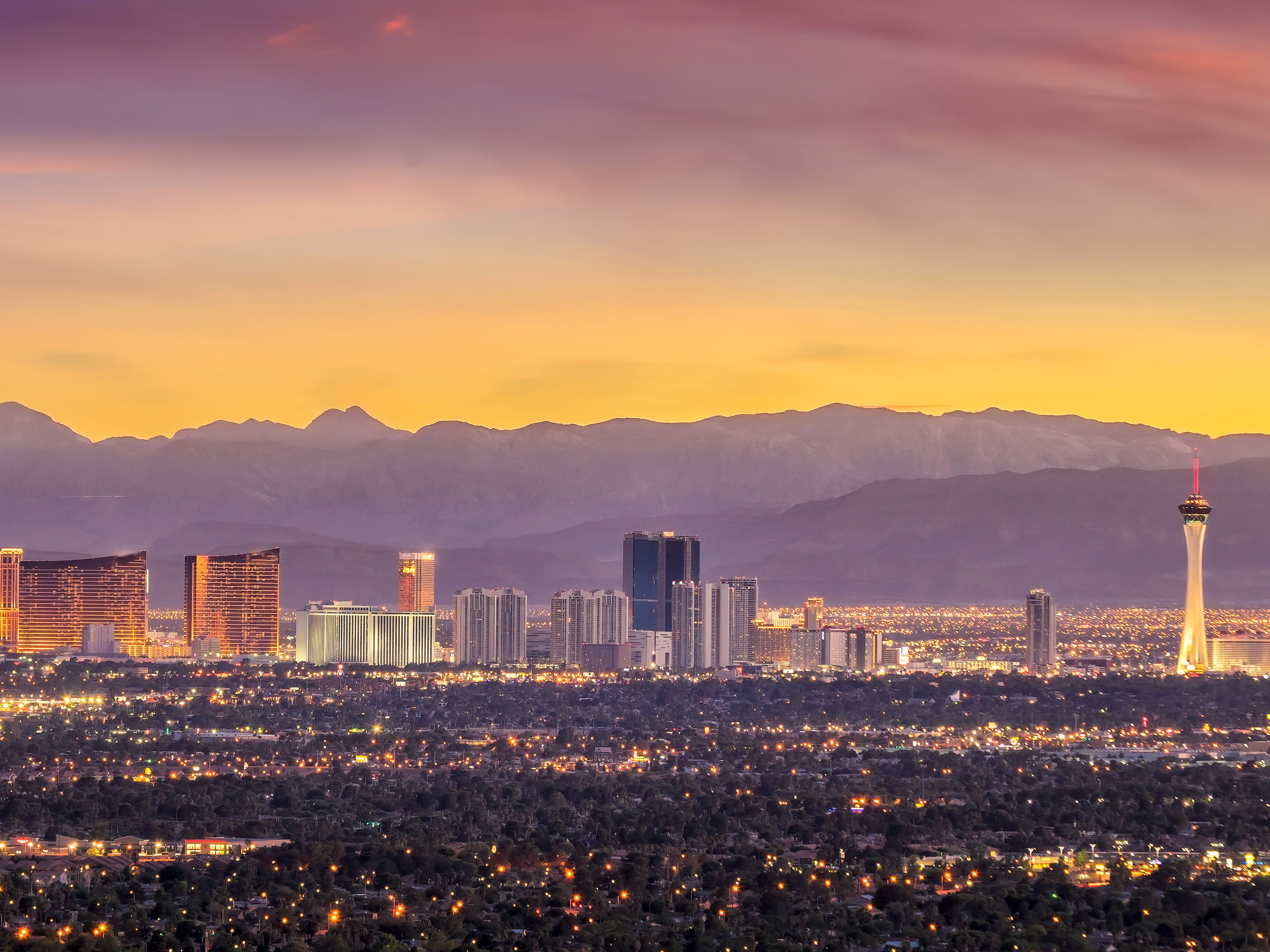 Las Vegas strip from afar, at sunset