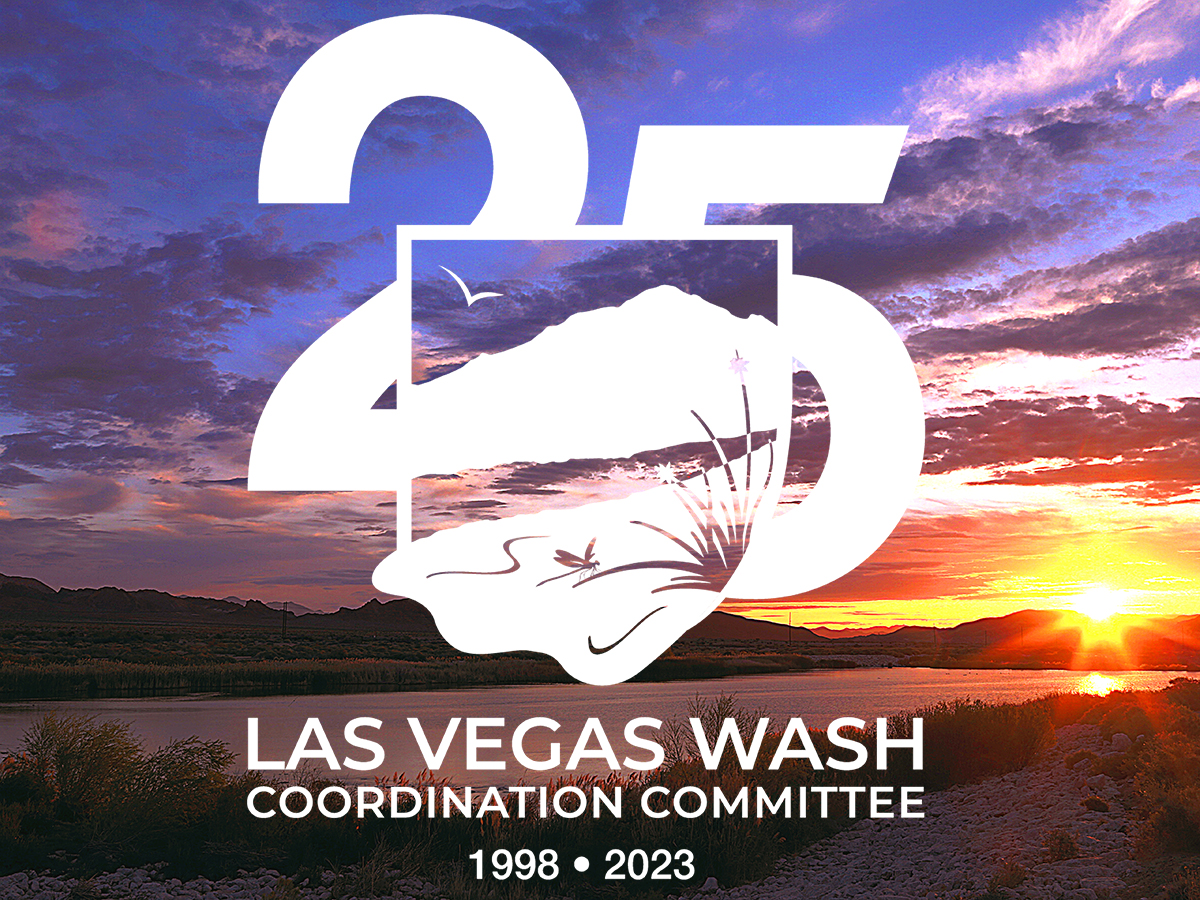 Sunset at the Las Vegas Wash with a white logo for the 25th anniversary over the top of it